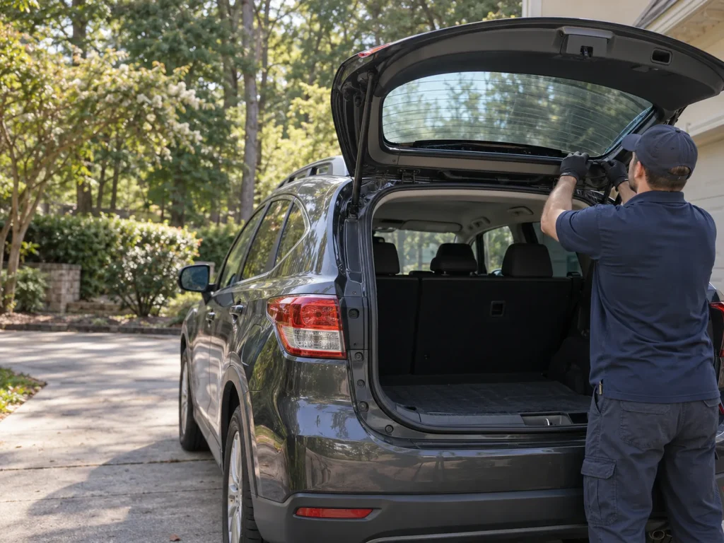 Technician working on rear hatch glass with the hatch open.