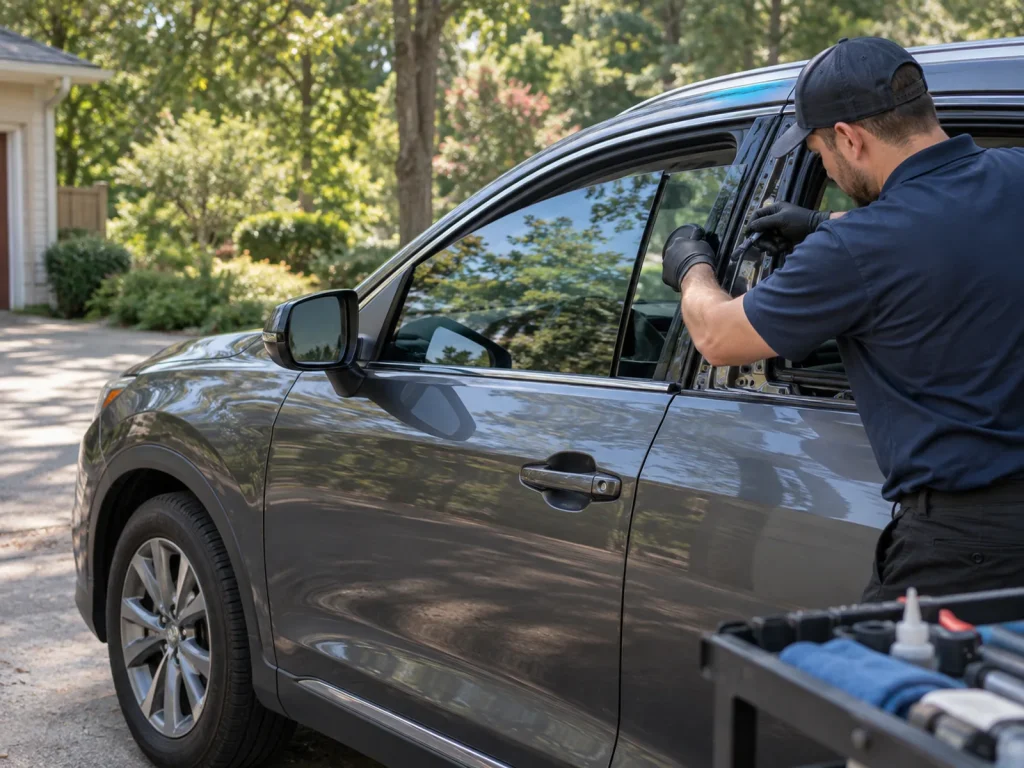 Technician replacing side-window glass in a car door.