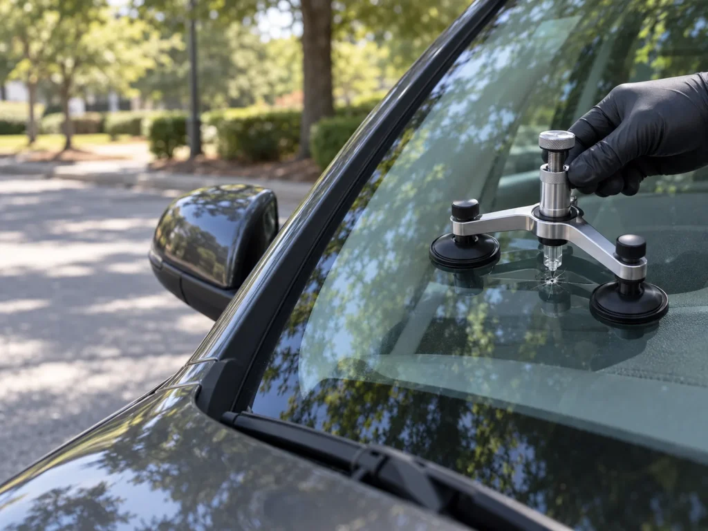 Resin repair tool positioned over a small chip in a windshield.