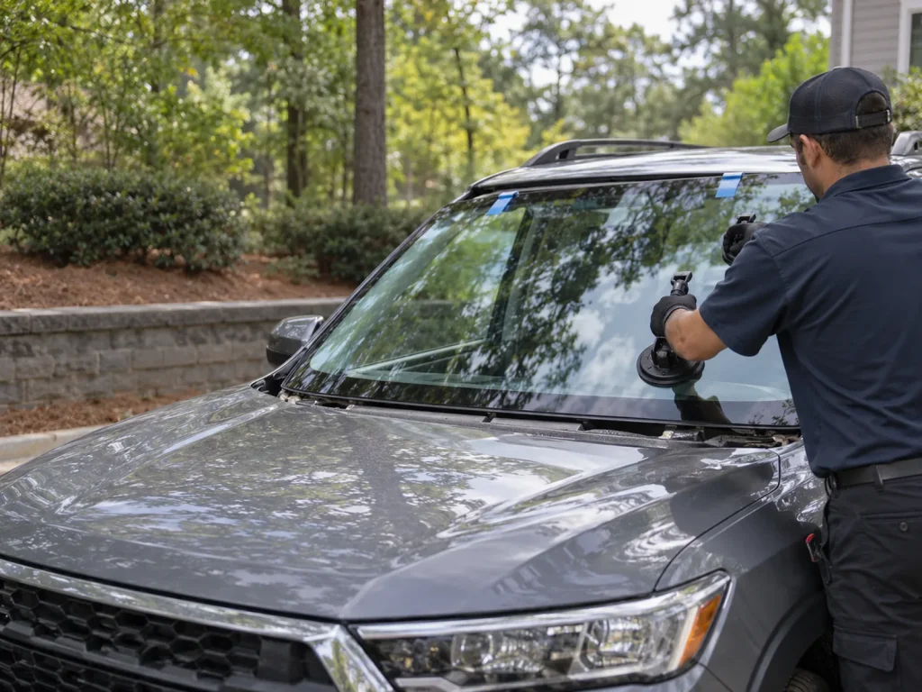 Technician fitting a replacement windshield beside a mobile auto-glass service van.