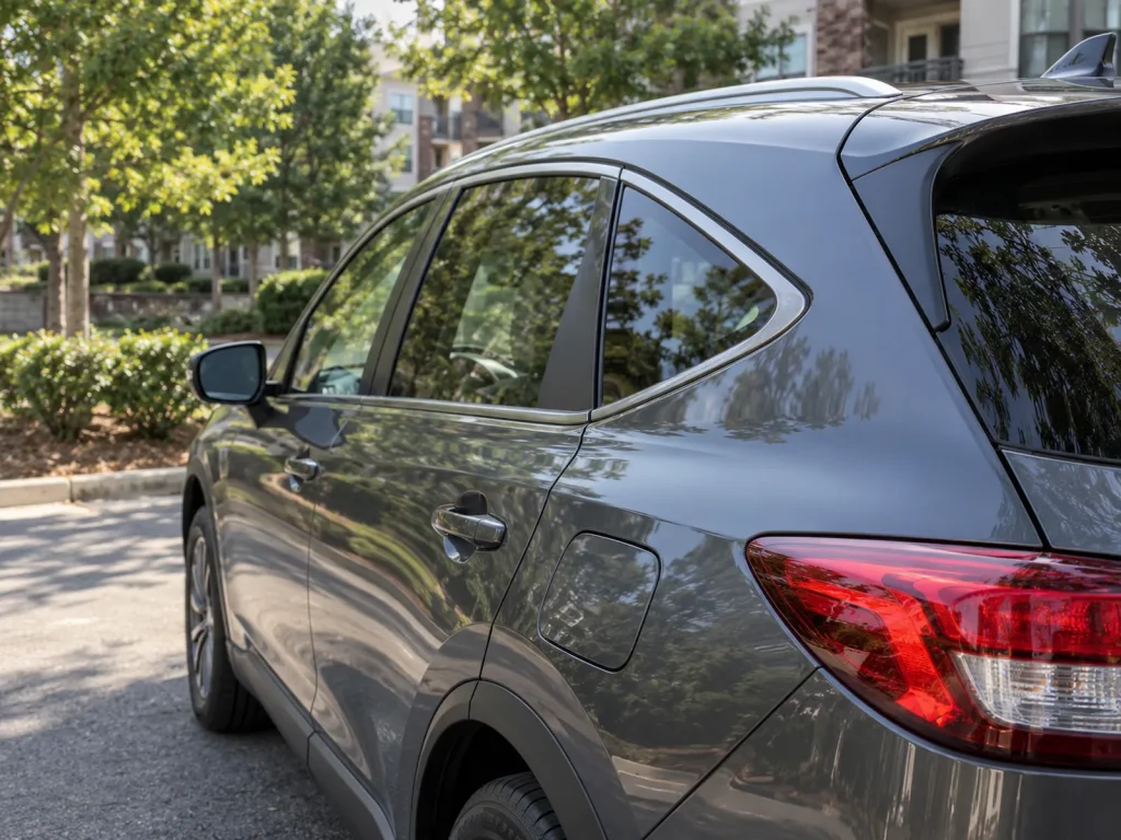 Fixed quarter window and side glass on a gray SUV.