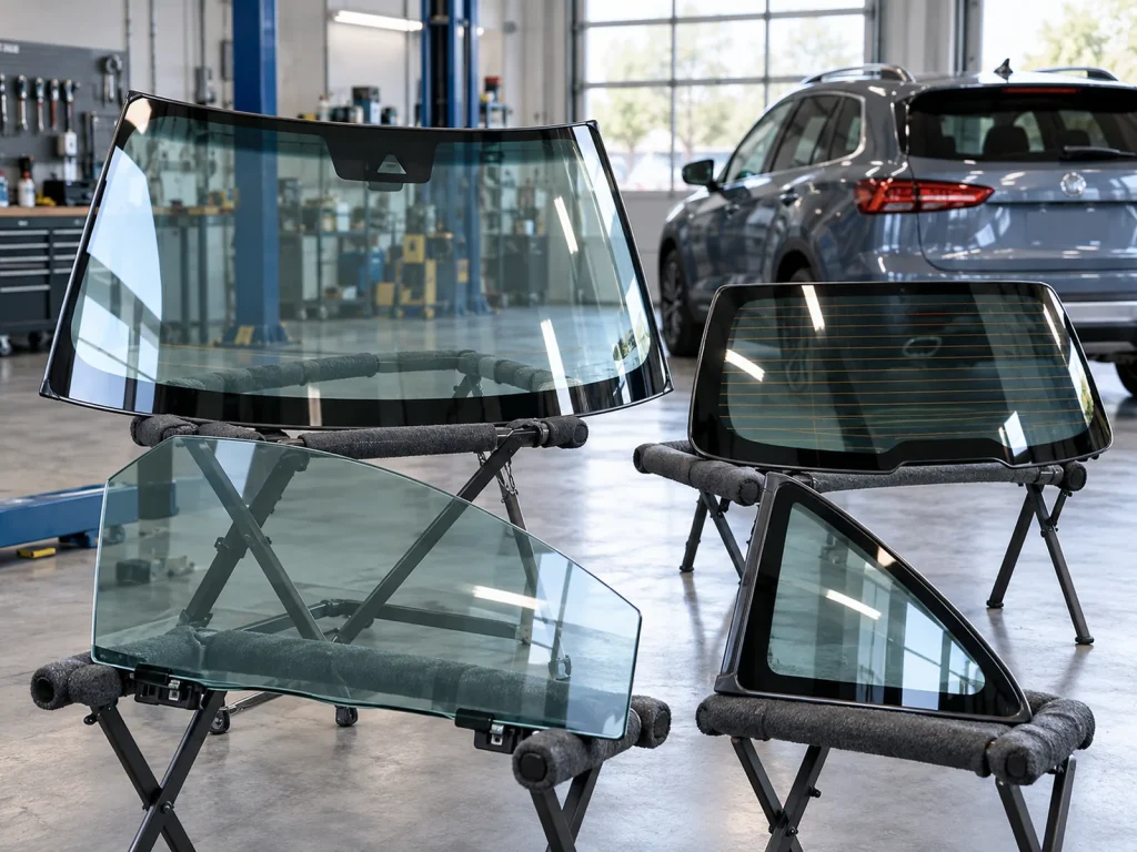 Different replacement automotive glass panels on padded glass stands.